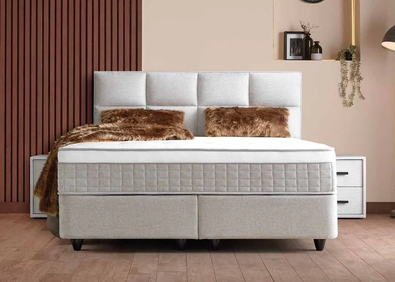 Casa Padrino Luxus Boxspringbett mit Kopfteil in Feldoptik Creme 180 x 200 cm - Luxus Schlafzimmer Möbel