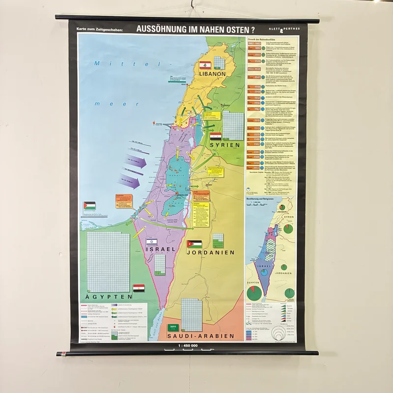 Vintage Schulkarte – Aussöhnung im Nahen Osten? – Politik Geografie Lehrtafel Klett Perthes Rollbild Gebraucht