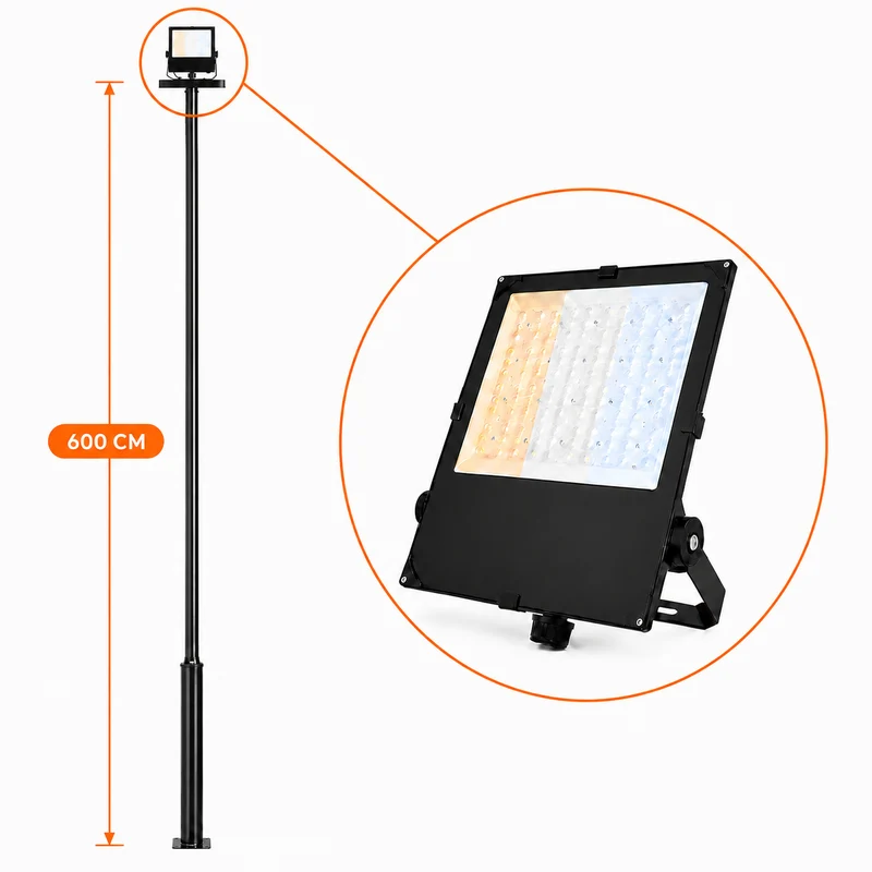 Lichtmast inkl. Industrie-Strahler / Flutlicht | 600 cm | 120-160-200 Watt | CCT – Lichtfarbe einstellbar | Schwarz