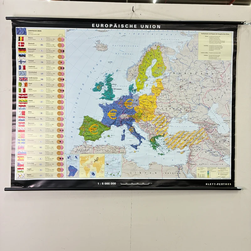 Vintage Schulkarte – Europäische Union – Politik Geografie Lehrtafel Klett Perthes Rollbild Gebraucht