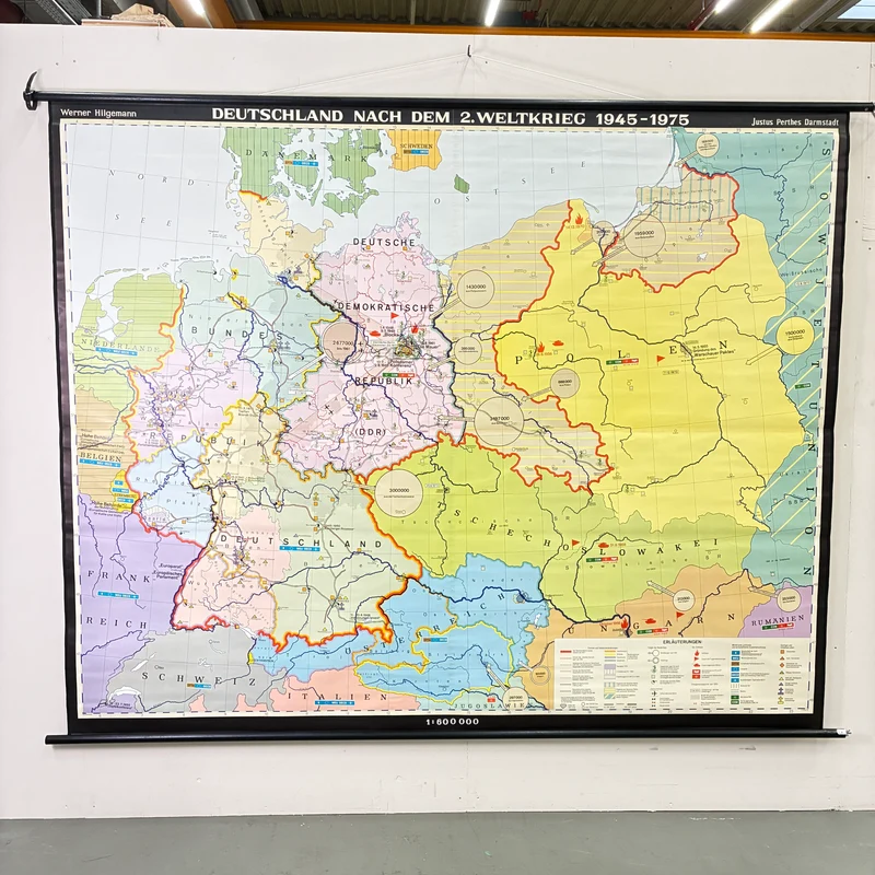 Vintage Schulkarte – Deutschland nach dem 2. Weltkrieg – Geschichte Geografie Lehrtafel Justus Perthes Rollbild Gebraucht