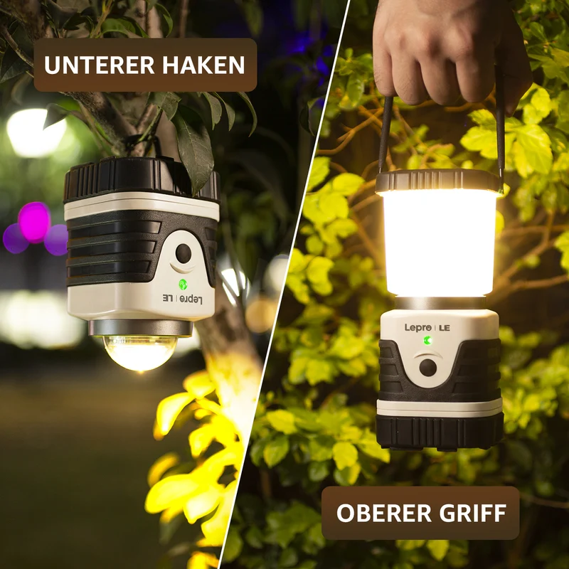 LE Campinglampe wiederaufladbare, 4 Helligkeiten Dimmbar Weiß,| Superhell Tragbar Suchscheinwerfer mit Bügel und Haken, Notfallleuchte für Stromausfällen, Wandern, Notfall, Ausfälle usw [Energieklasse A]
