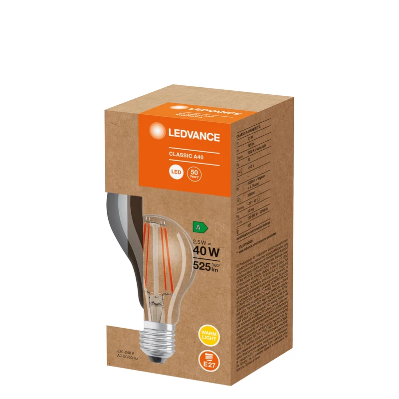 LEDVANCE LED CLASSIC A ENERGY EFFICIENCY A S in A-Form, LED-Lampe, Glas, Klar, 2,5 W, (ex 40 W), 525 lm, Warmweiß, 3000 K, Energieeffizienzklasse: A, 50000 h, CRI ≥80