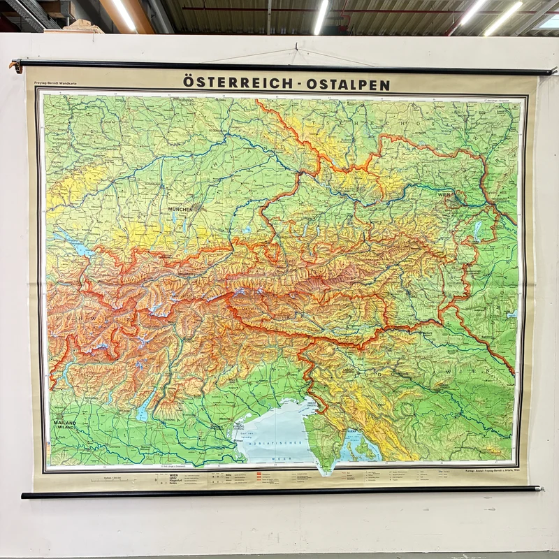 Vintage Schulkarte – Österreich Ostalpen – Erdkunde Geografie Lehrtafel Freytag-Berndt Rollbild Gebraucht