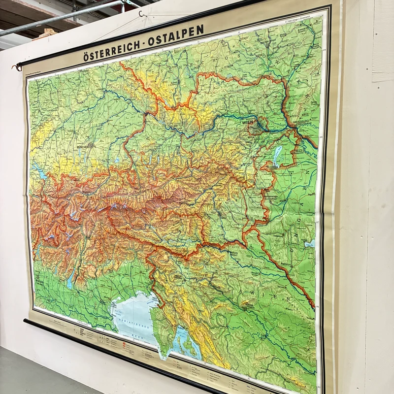 Vintage Schulkarte – Österreich Ostalpen – Erdkunde Geografie Lehrtafel Freytag-Berndt Rollbild Gebraucht