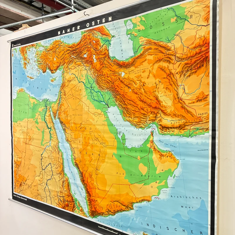 Vintage Schulkarte – Naher Osten physisch – Erdkunde Geografie Lehrtafel Haack Gotha Rollbild Gebraucht