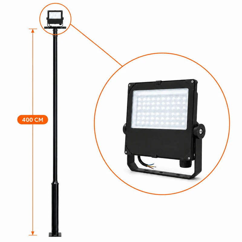 Lichtmast inkl. industrieller Baustrahler | 400 cm | 60-80-100 Watt | CCT – Lichtfarbe einstellbar | Schwarz
