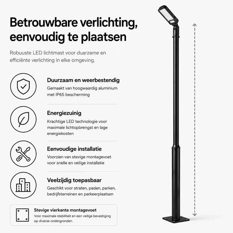 Lichtmast inkl. industrieller Baustrahler | 400 cm | 60-80-100 Watt | CCT – Lichtfarbe einstellbar | Schwarz