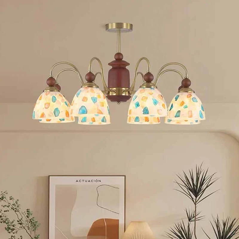 Glass Seashell Chandelier Vintage Walnut Wood Arm