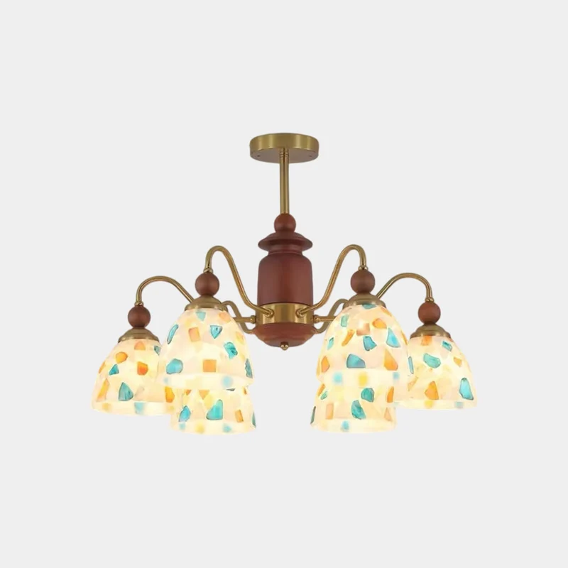 Glass Seashell Chandelier Vintage Walnut Wood Arm