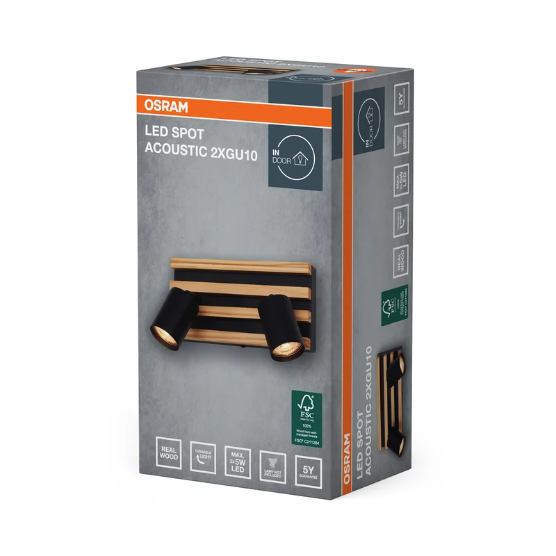 OSRAM LED Spot Acoustic Schwarz/Holzdekor, Stahl und Kiefernholz, 220-240 V, GU10, Klemmanschluss, 3-polig (L, N, PE)