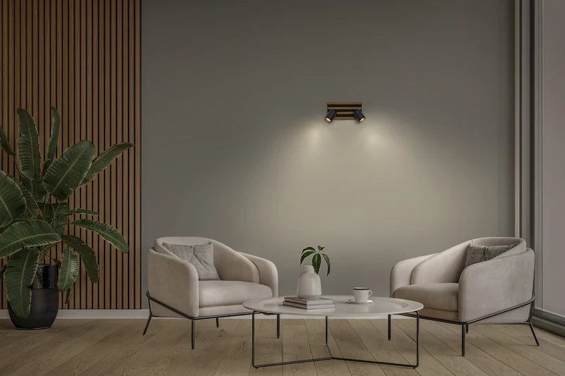 OSRAM LED Spot Acoustic Schwarz/Holzdekor, Stahl und Kiefernholz, 220-240 V, GU10, Klemmanschluss, 3-polig (L, N, PE)