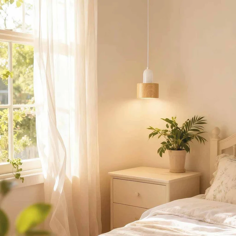 Modern Small Pendant Light White & Wood Grain Iron