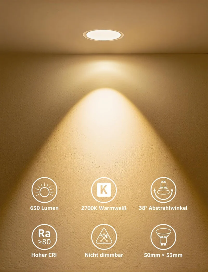 Lepro GU10 LED Warmweiss 6W Lampe, 2700K Warmweiß, 630 Lumen, 38° Abstrahlwinkel, Nicht dimmbar Reflektorlampe, Energiesparendes GU10 LED Leuchtmittel für Wohnzimmer, Küche, Schlafzimmer,8 Stück