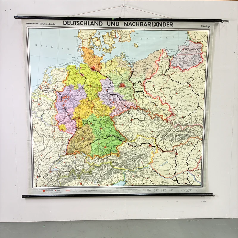 Vintage Schulkarte – Deutschland und Nachbarländer – Politik Geografie Lehrtafel Westermann Rollbild Gebraucht