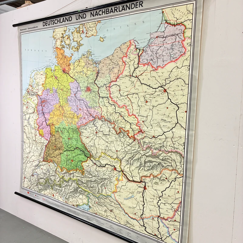 Vintage Schulkarte – Deutschland und Nachbarländer – Politik Geografie Lehrtafel Westermann Rollbild Gebraucht