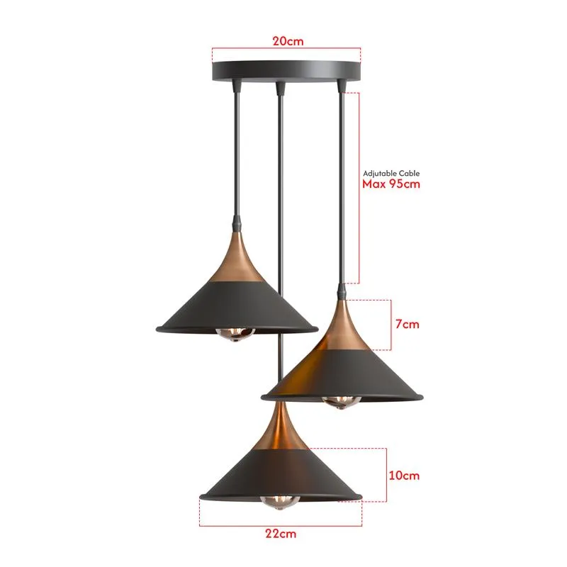 Moderne 3-flammig Industrie Pendelleuchte | E27 Kegel Cluster Lampe Esstisch ~4171