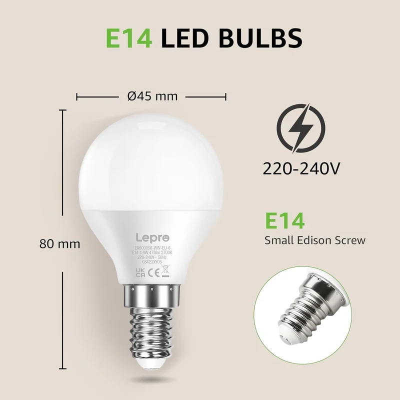 Lepro E14 LED Lampe, 3er-Pack, 4.9W 470 Lumen Glühbirne,entspricht 40W Glühlampe, 2700 Kelvin Warmweiß, P45 180° Abstrahlwinkel Energiesparlampe (Copy)