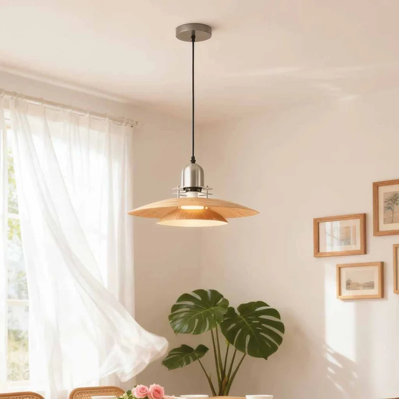 UFO Flying Saucer Pendant Light Wood Grain Iron