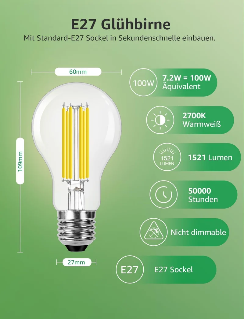 Lepro Energieklasse A E27 LED Warmweiss, 7.2W 1521 Lumen Glühbirne E27, Nicht Dimmbar, A60 Led Birne, 2700 Kelvin Warmweiß, 300° Abstrahlwinkel Energiesparlampe, ersetzt 100W Leuchtmittel, 2 Stück