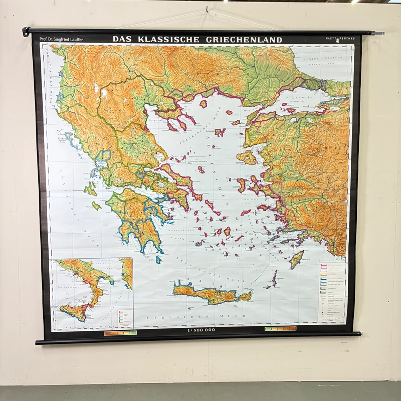 Vintage Schulkarte – Das klassische Griechenland – Erdkunde Geografie Lehrtafel Klett Perthes Rollbild Gebraucht