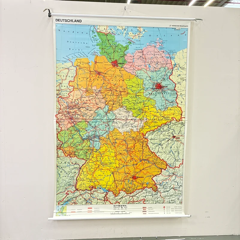 Vintage Schulkarte – Deutschland – Geografie Erdkunde Lehrtafel Stiefel Rollbild Gebraucht