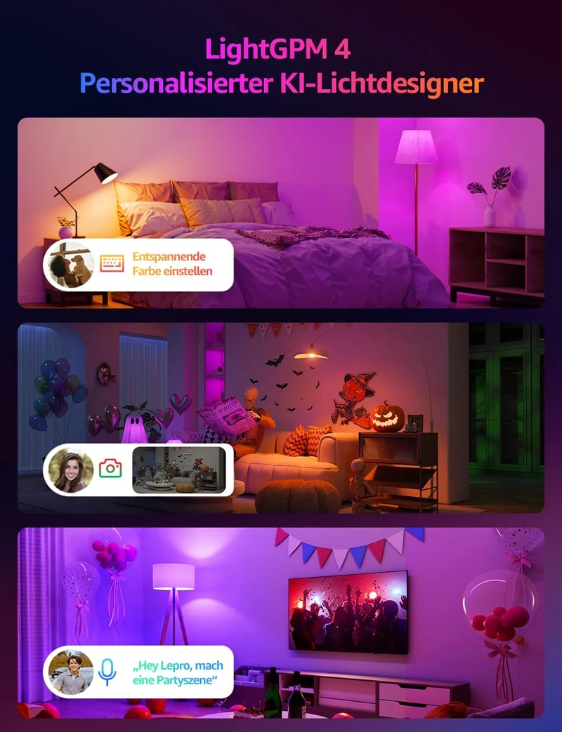 Lepro Al Smart Glühbirne B3, E27 WLAN/Bluetooth Smart Bulb 1521lm Dimmbar, Foto-zu-Licht, Personalisierter KI-Lichtdesigner, Sprachsteuerung/Musik Sync, Kompatibel mit Alexa/Google Assistant, 4 Stück