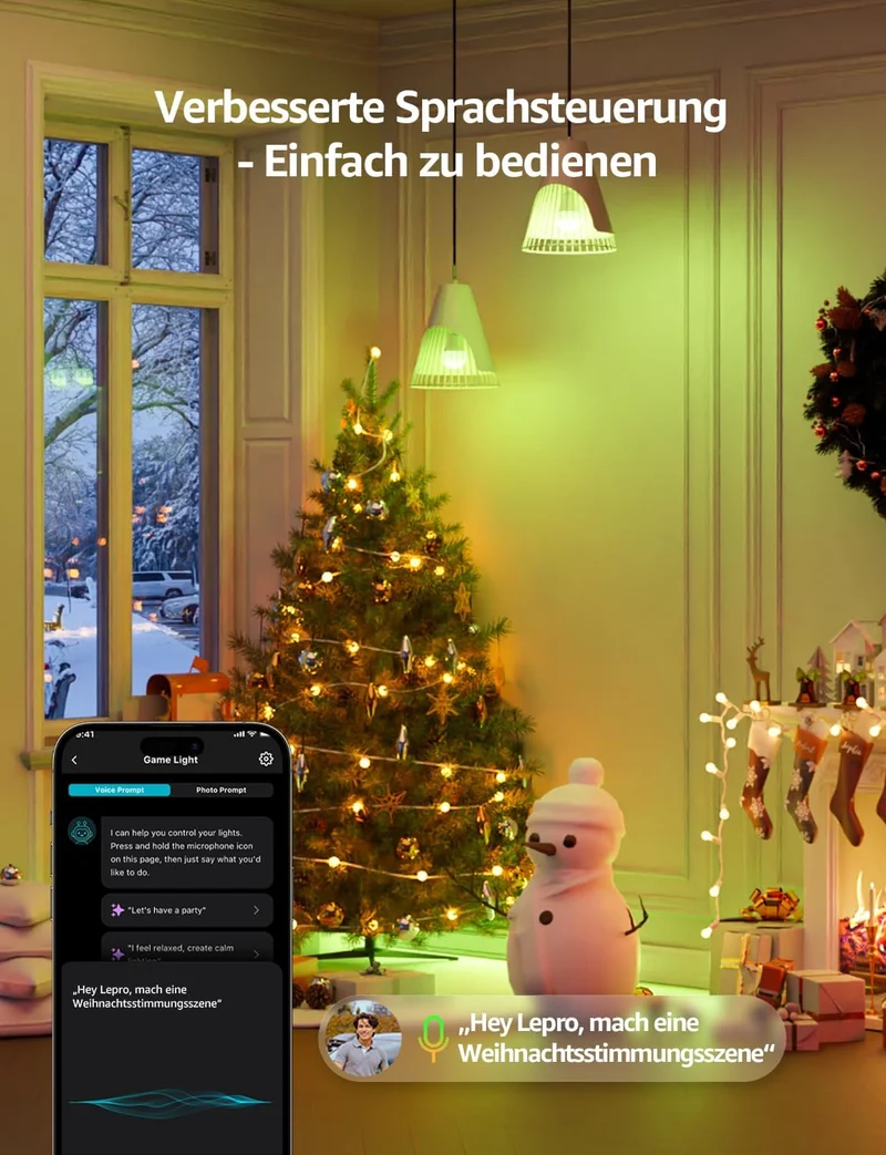 Lepro Al Smart Glühbirne B3, E27 WLAN/Bluetooth Smart Bulb 1521lm Dimmbar, Foto-zu-Licht, Personalisierter KI-Lichtdesigner, Sprachsteuerung/Musik Sync, Kompatibel mit Alexa/Google Assistant, 4 Stück