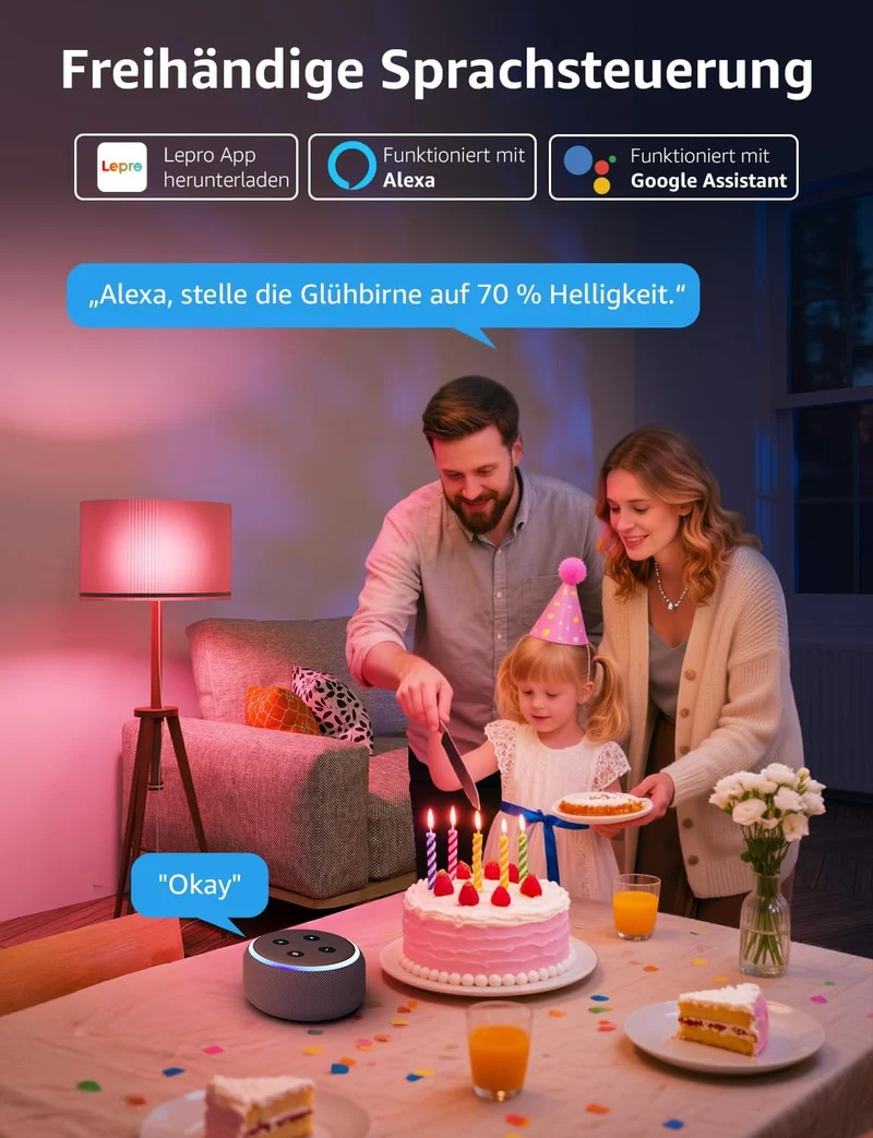 Lepro Al Smart Glühbirne B3, E27 WLAN/Bluetooth Smart Bulb 1521lm Dimmbar, Foto-zu-Licht, Personalisierter KI-Lichtdesigner, Sprachsteuerung/Musik Sync, Kompatibel mit Alexa/Google Assistant, 4 Stück