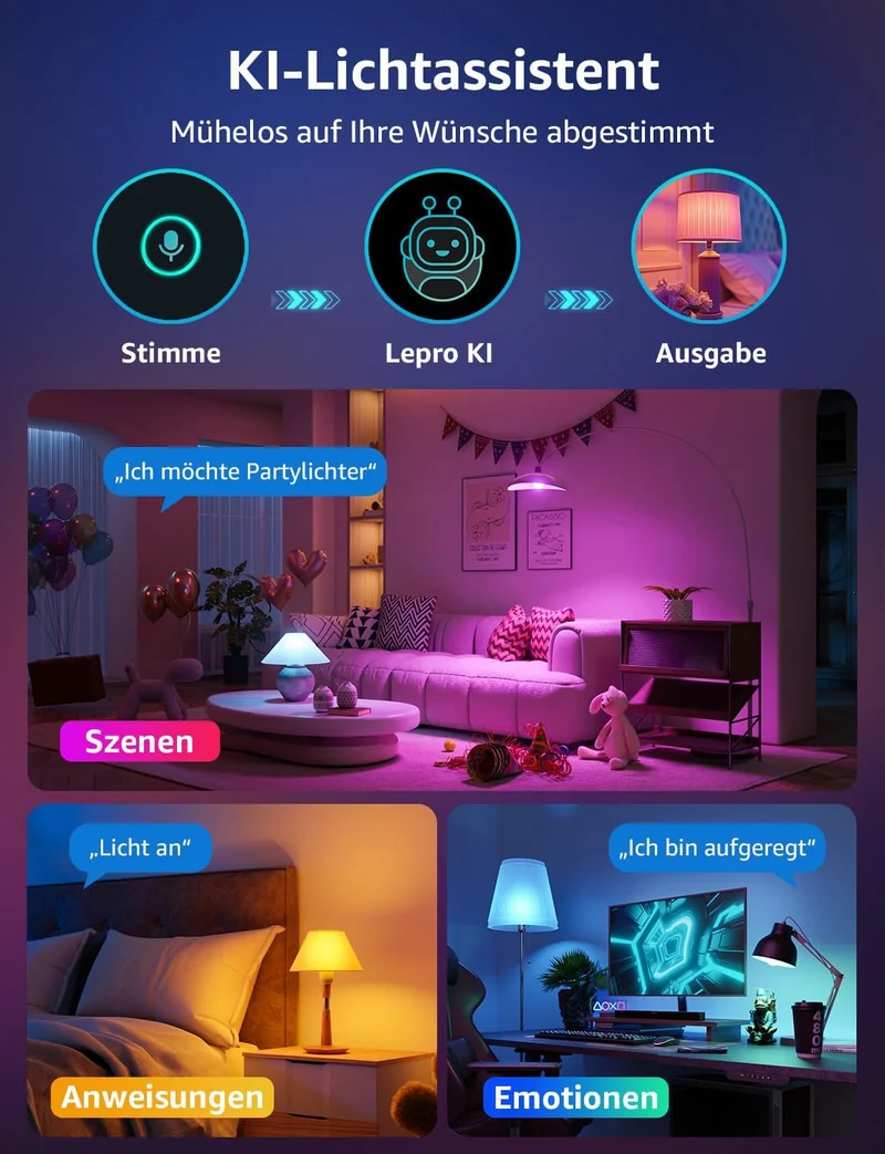 Lepro Al Smart Glühbirne B3, E27 WLAN/Bluetooth Smart Bulb 1521lm Dimmbar, Foto-zu-Licht, Personalisierter KI-Lichtdesigner, Sprachsteuerung/Musik Sync, Kompatibel mit Alexa/Google Assistant, 4 Stück