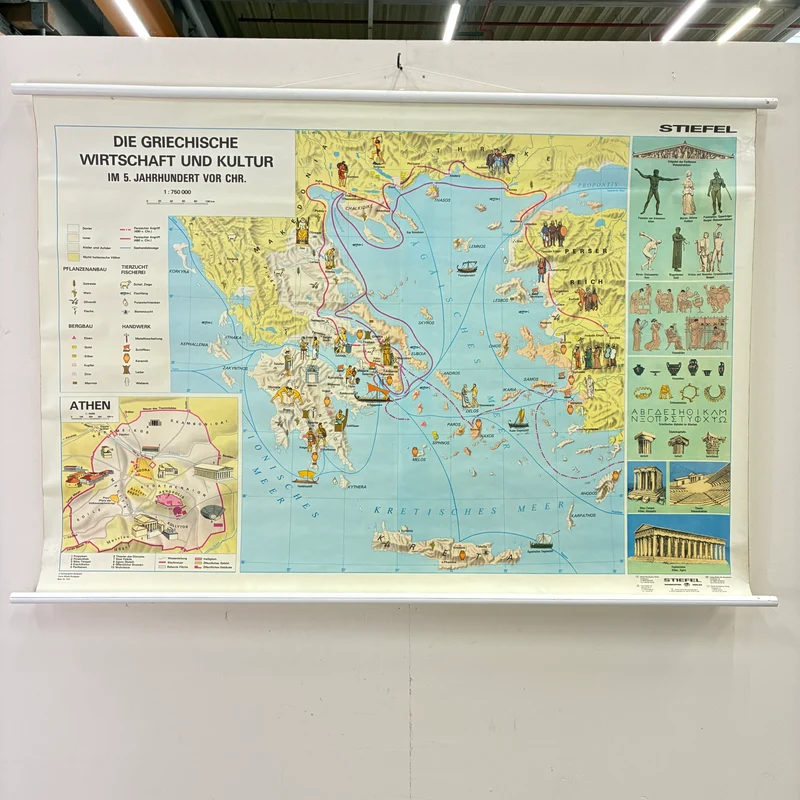 Vintage Schulkarte – Griechische Wirtschaft & Kultur – Geschichte Geografie Lehrtafel Stiefel Rollbild Gebraucht