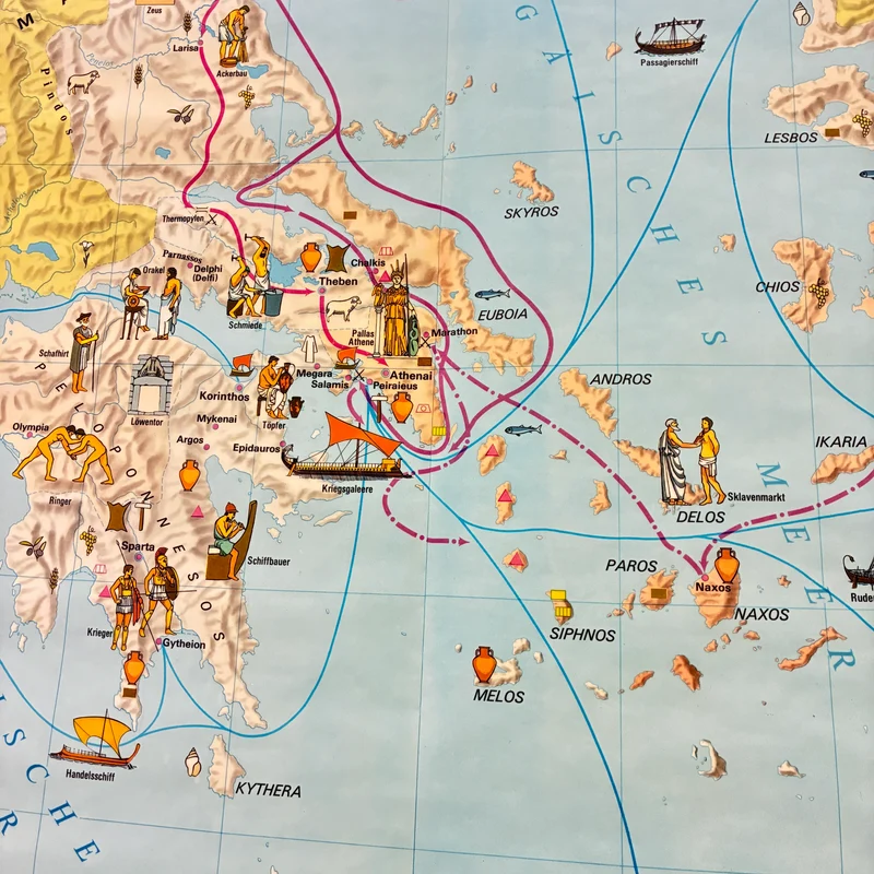 Vintage Schulkarte – Griechische Wirtschaft & Kultur – Geschichte Geografie Lehrtafel Stiefel Rollbild Gebraucht