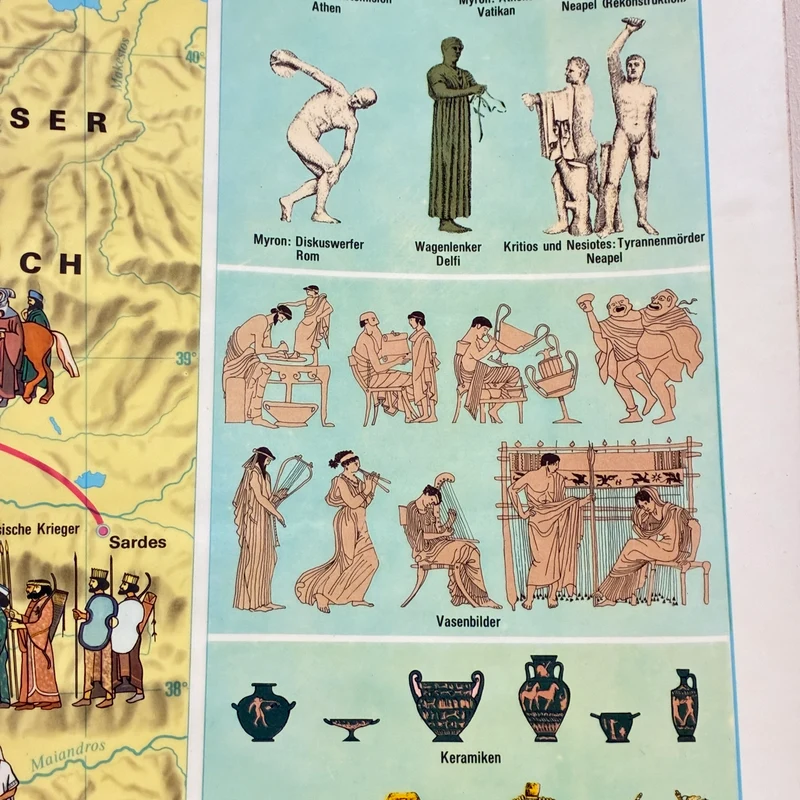 Vintage Schulkarte – Griechische Wirtschaft & Kultur – Geschichte Geografie Lehrtafel Stiefel Rollbild Gebraucht