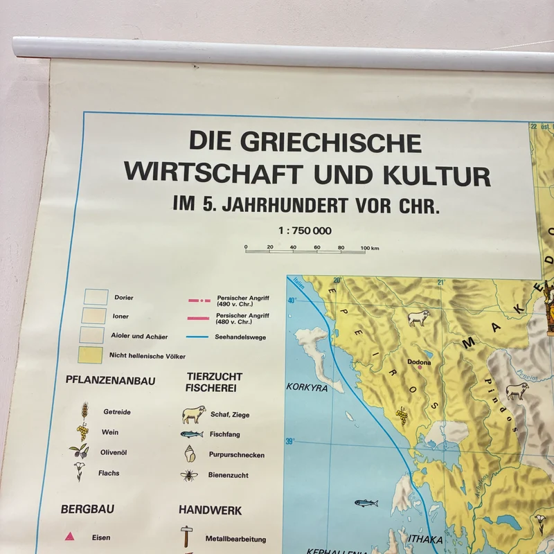 Vintage Schulkarte – Griechische Wirtschaft & Kultur – Geschichte Geografie Lehrtafel Stiefel Rollbild Gebraucht