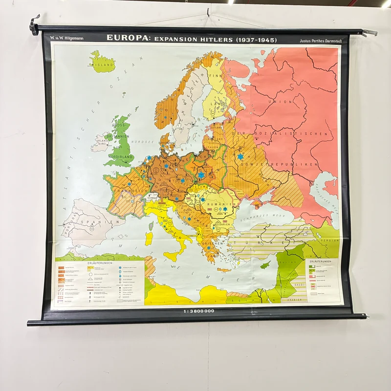 Vintage Schulkarte – Europa - Expansion Hitlers – Geschichte Geografie Lehrtafel Justus Perthes Rollbild Gebraucht