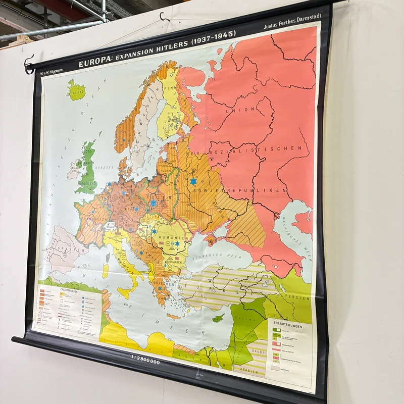 Vintage Schulkarte – Europa - Expansion Hitlers – Geschichte Geografie Lehrtafel Justus Perthes Rollbild Gebraucht