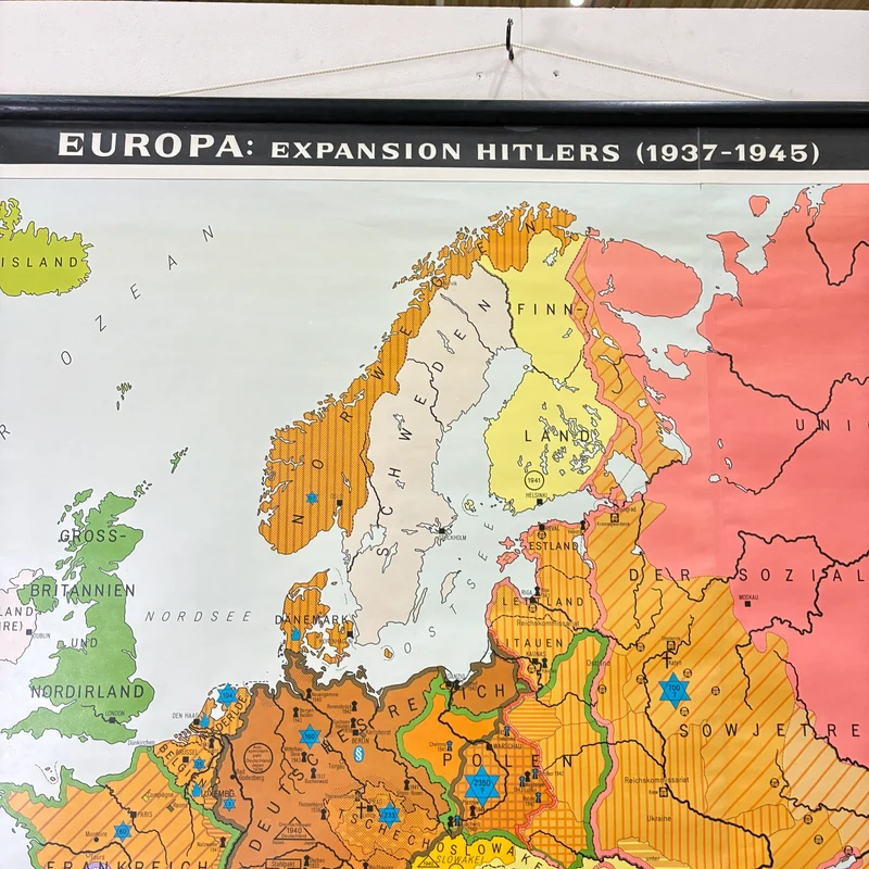 Vintage Schulkarte – Europa - Expansion Hitlers – Geschichte Geografie Lehrtafel Justus Perthes Rollbild Gebraucht