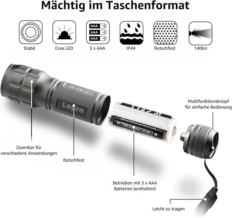 LE LED Taschenlampe (4er-Pack), Zoombare Flashlight für Kinder, Gunmetal | Extrem Hell Zoombare Mini Taschenlampen (Inklusive Batterie), Tragbare Wasserdichte Handlampe für Camping, Outdoor, Notfälle