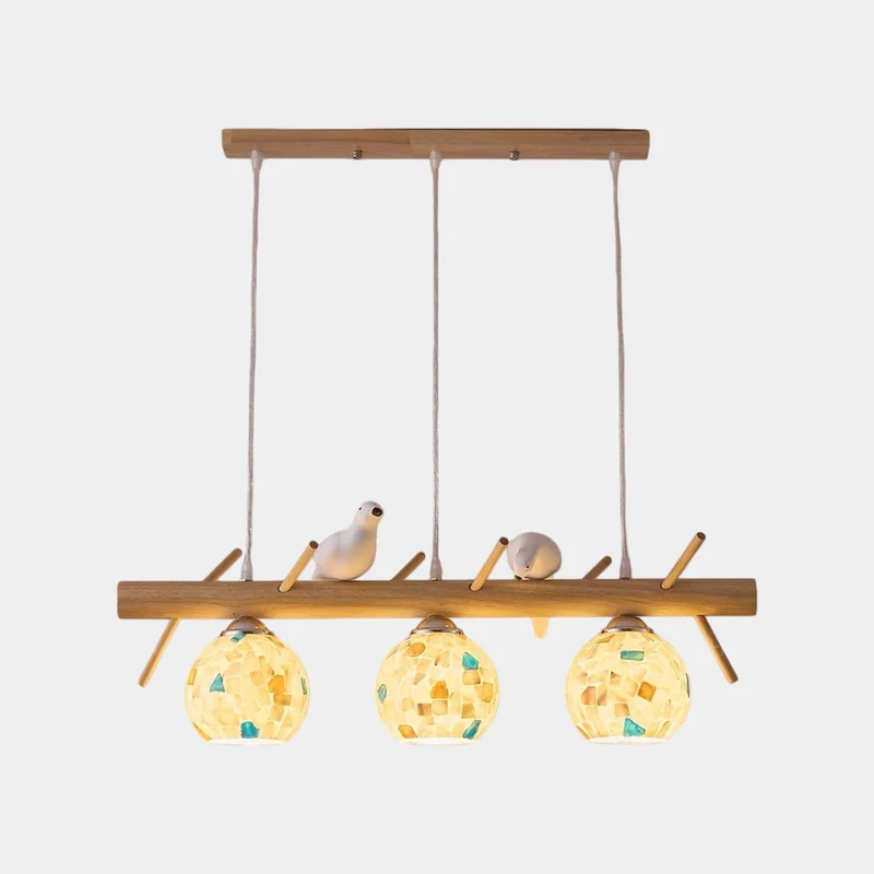 Wood Strip Bird Pendant Light with Seashell Globes