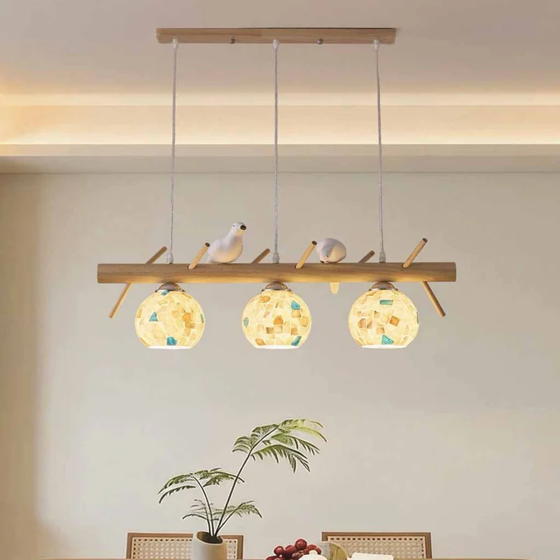 Wood Strip Bird Pendant Light with Seashell Globes