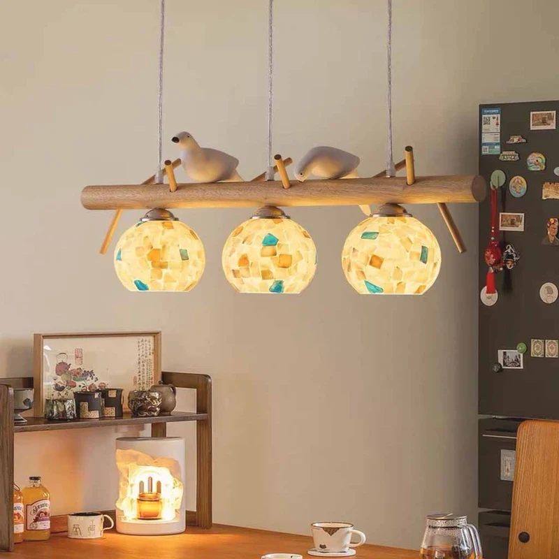 Wood Strip Bird Pendant Light with Seashell Globes