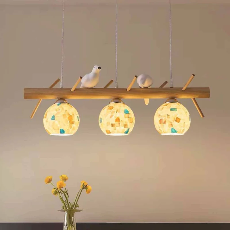 Wood Strip Bird Pendant Light with Seashell Globes