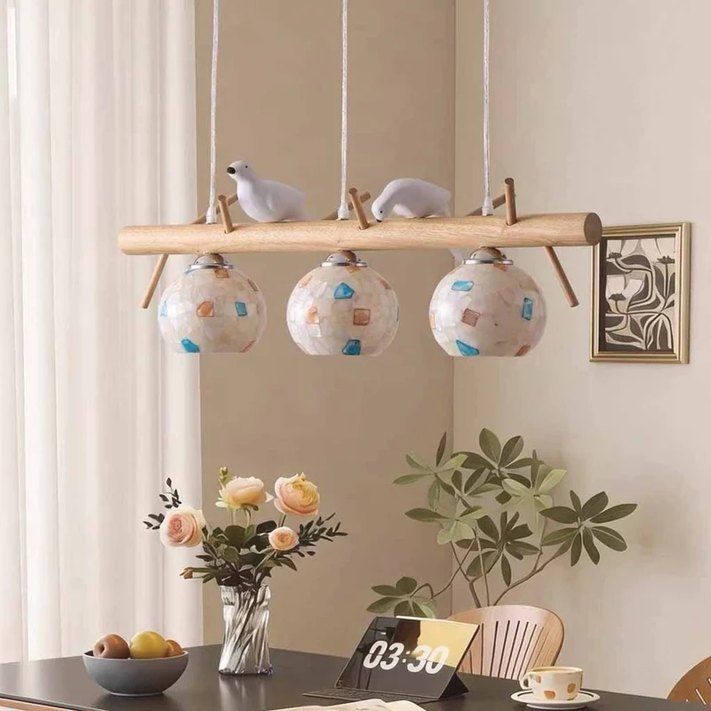 Wood Strip Bird Pendant Light with Seashell Globes