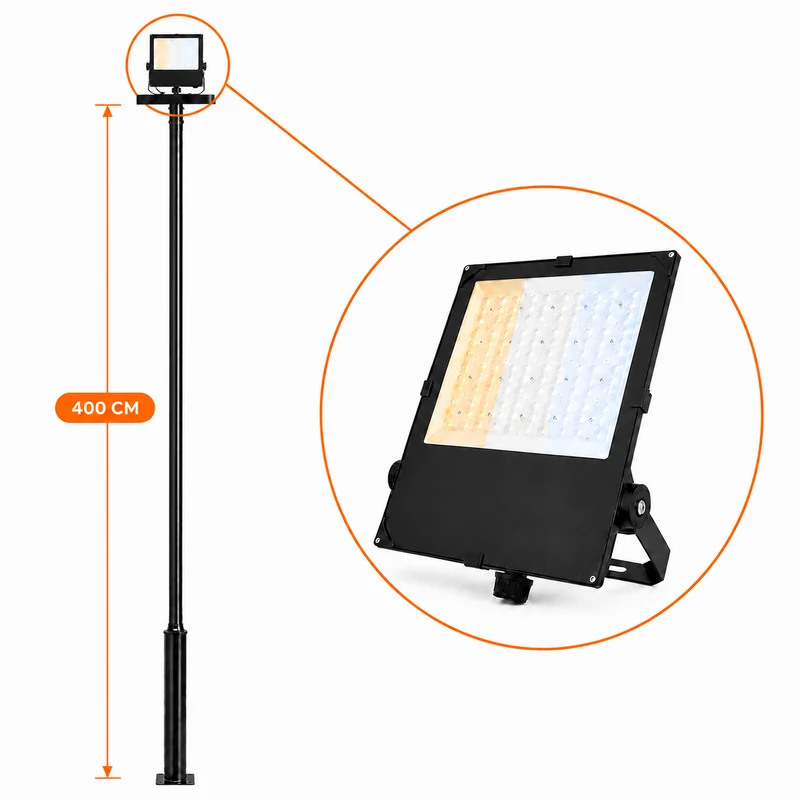 Lichtmast inkl. industrieller Baustrahler / Flutlichtstrahler | 400 cm | 120-160-200 Watt | CCT - Lichtfarbe einstellbar | Schwarz