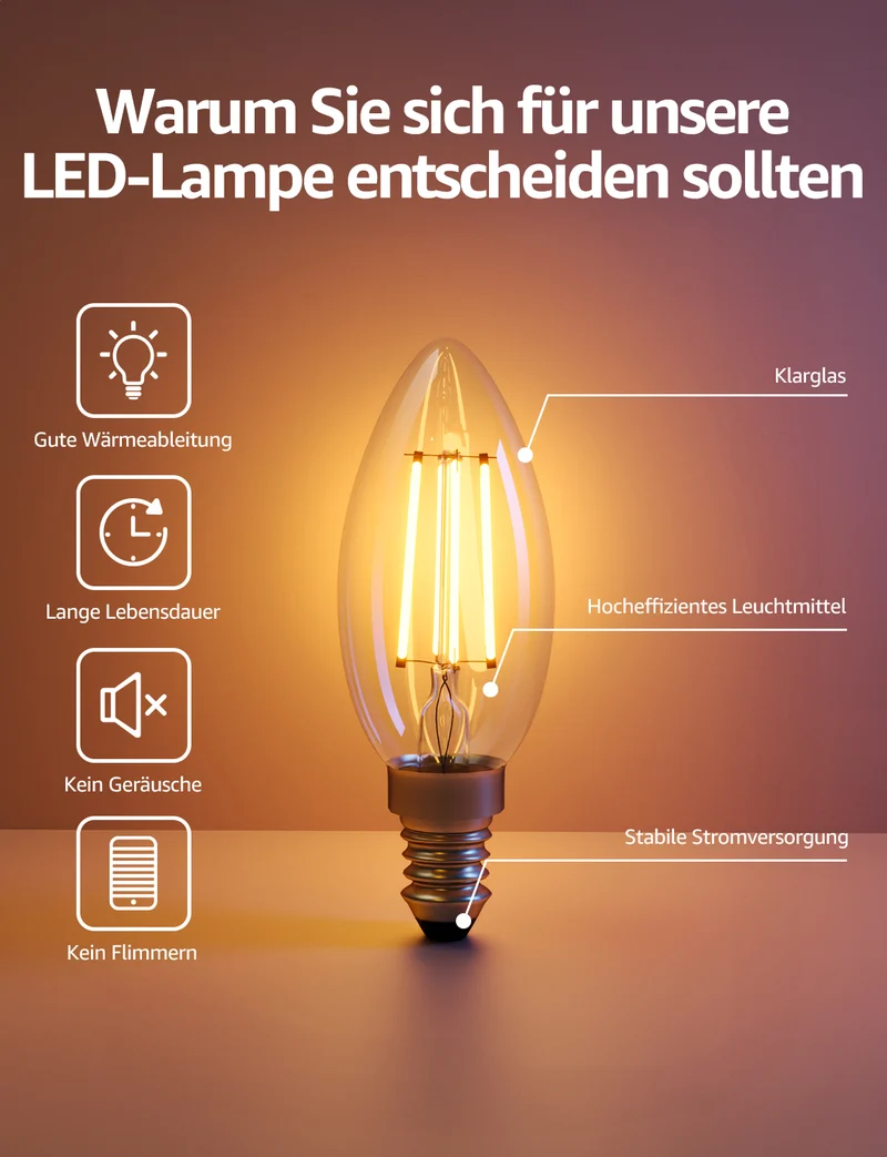 Lepro Energieklasse A E14 LED warmweiss Lampe 2.2W 470 Lumen C35 2700K Warmweiß LED Glühbirne, entspricht 40W Glühlampe, 300° Abstrahlwinkel Nicht Dimmbar Energiesparlampe