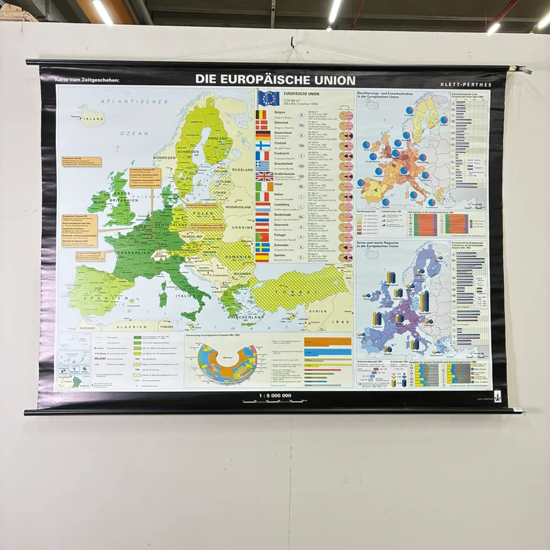 Vintage Schulkarte – Die Europäische Union – Politik Sozialkunde Lehrtafel Klett Perthes Rollbild Gebraucht