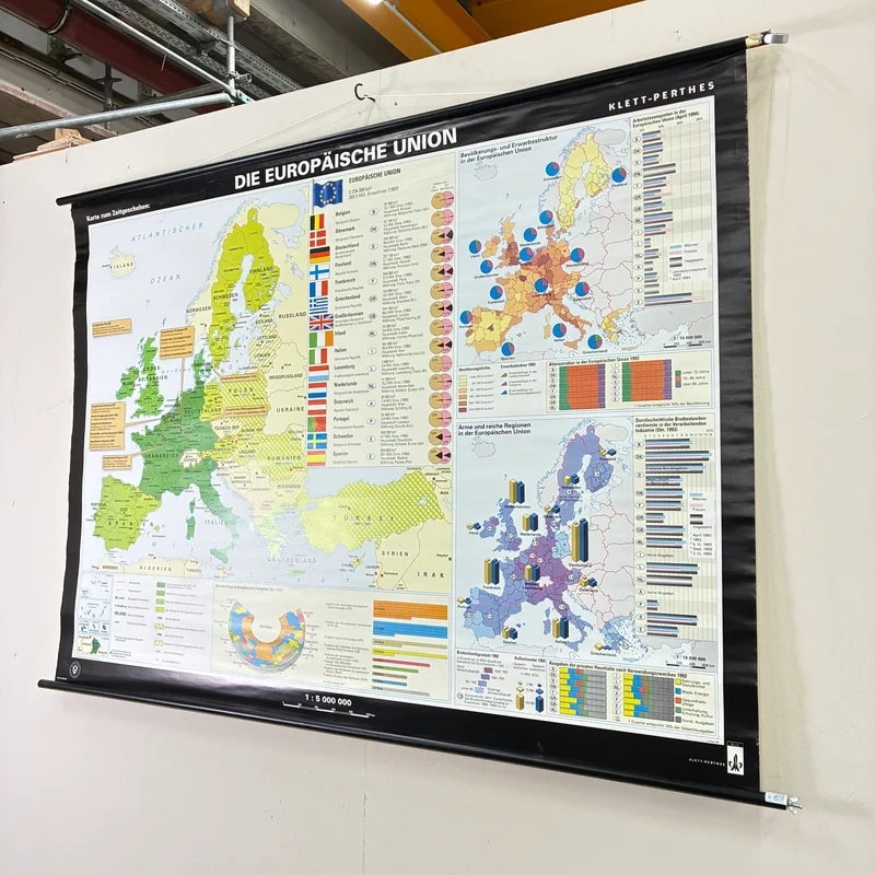 Vintage Schulkarte – Die Europäische Union – Politik Sozialkunde Lehrtafel Klett Perthes Rollbild Gebraucht