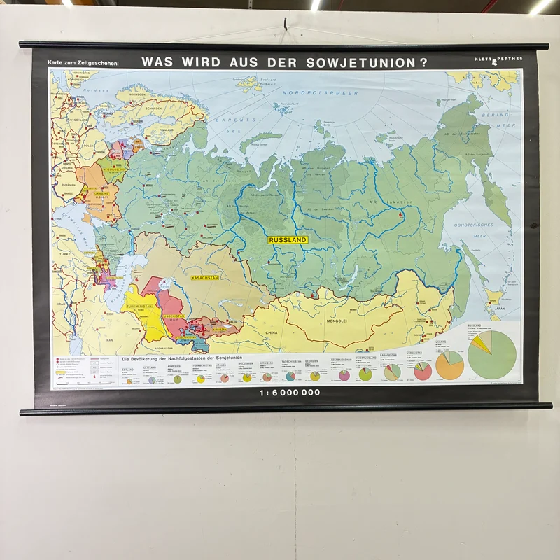 Vintage Schulkarte – Was wird aus der Sowjetunion? – Politik Geografie Lehrtafel Klett Perthes Rollbild Gebraucht