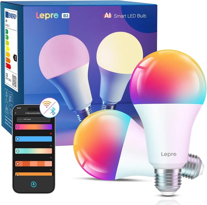 Lepro Al Smart Glühbirne B3, E27 WLAN/Bluetooth Smart Bulb 1521lm Dimmbar, Foto-zu-Licht, Personalisierter KI-Lichtdesigner, Sprachsteuerung/Musik Sync, Kompatibel mit Alexa/Google Assistant, 2 Stück