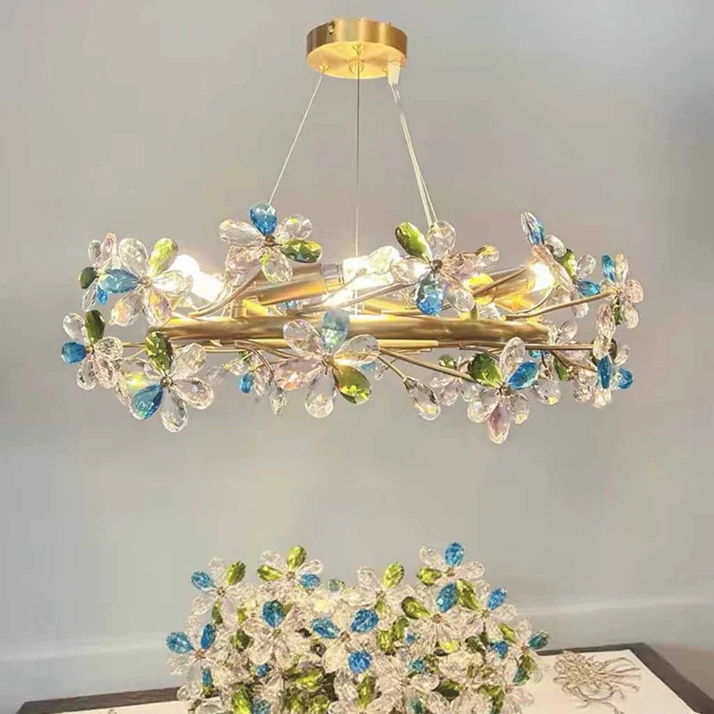 Colored Crystal Chandelier with Brass Branches